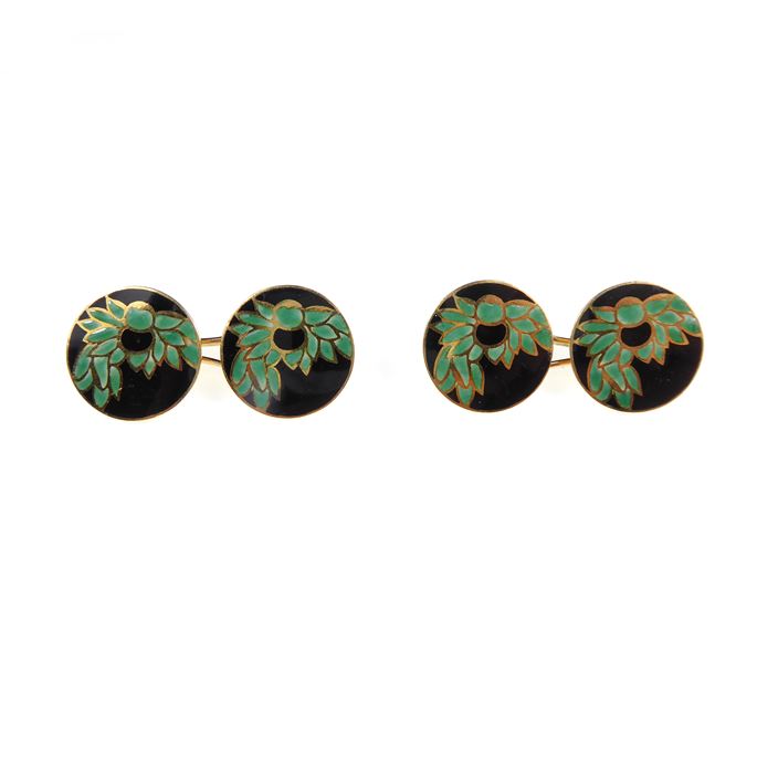 Pair of Art Deco black and green enamel round panel cufflinks, with green wreath on a black ground, | MasterArt